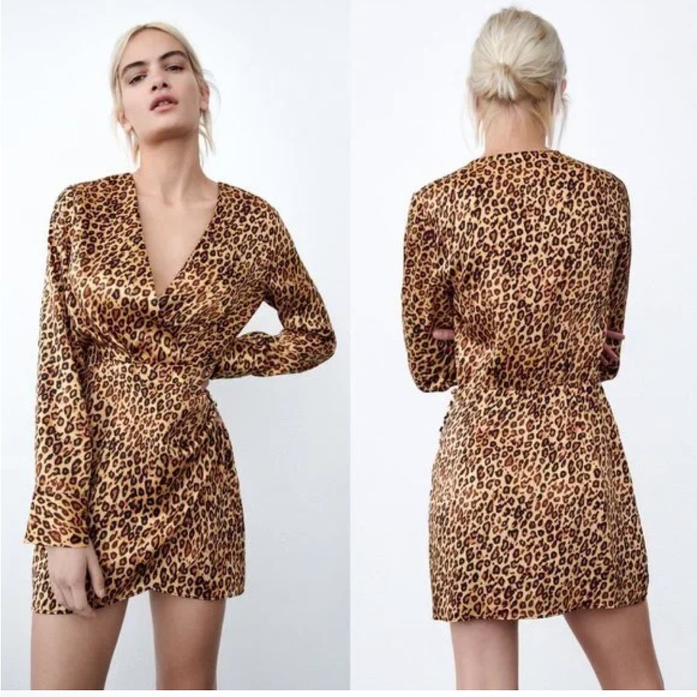 Zara Brown Leopard Long Sleeve Faux Wrap Dress Size M New With Tag